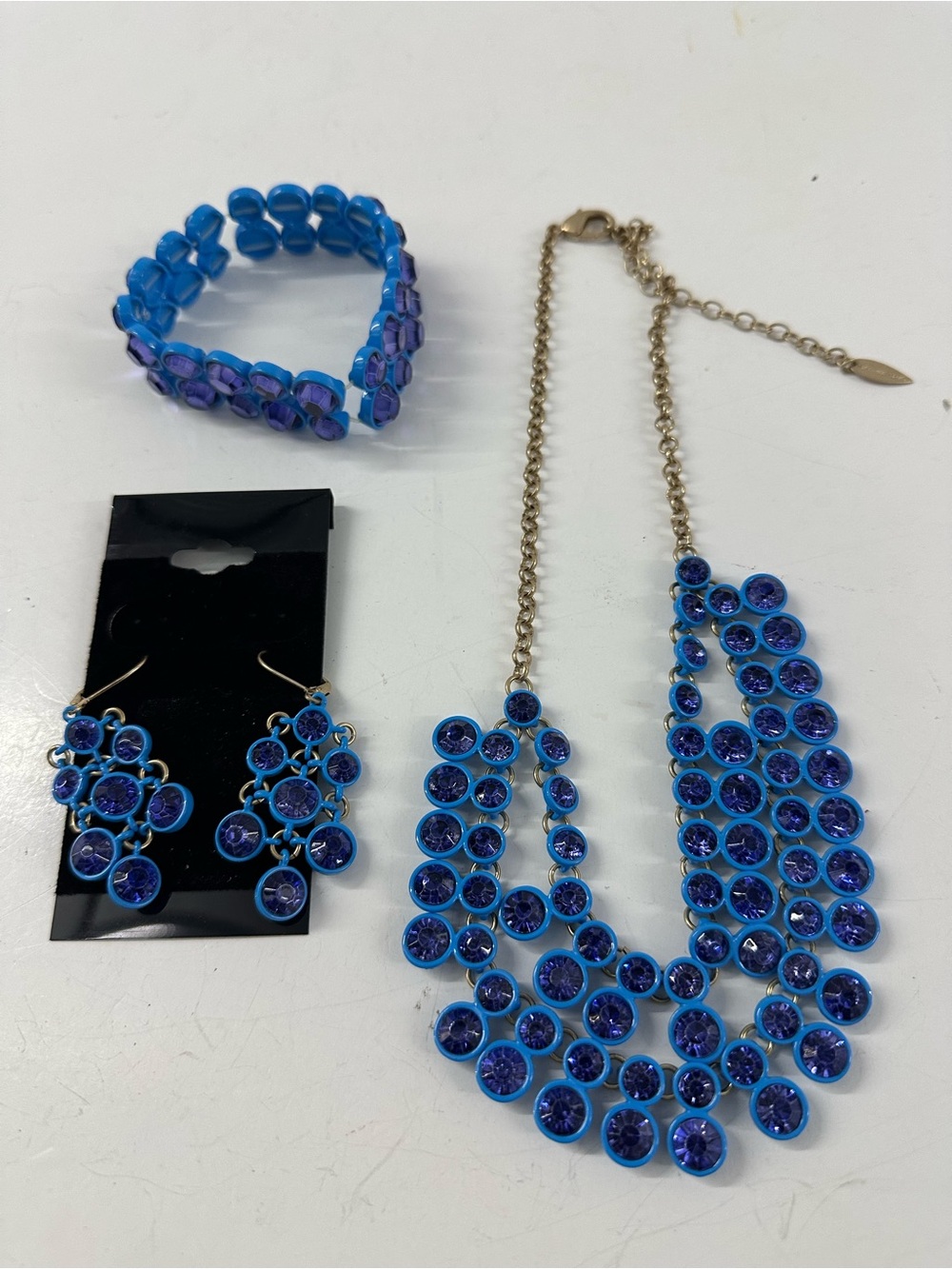 Coldwater Creek Blue Crystal Bib Necklace with Earrings and Bracelet